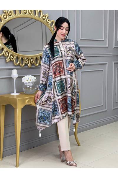 Etnik Desen Saten Tunik 9043 Bej