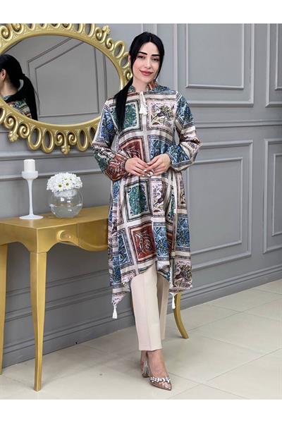 Etnik Desen Saten Tunik 9043 Bej