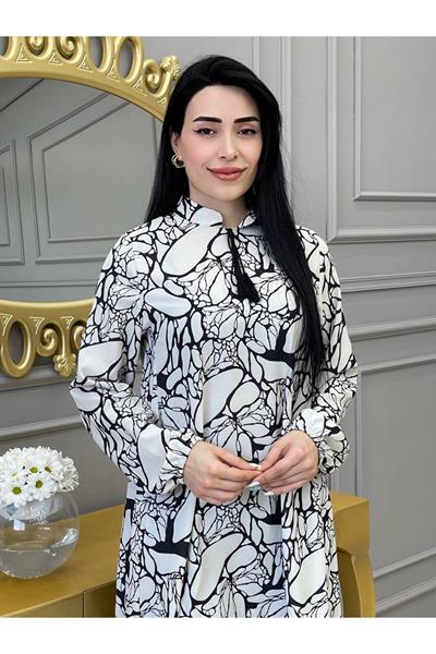 Etnik Desen Saten Tunik 9043 Beyaz