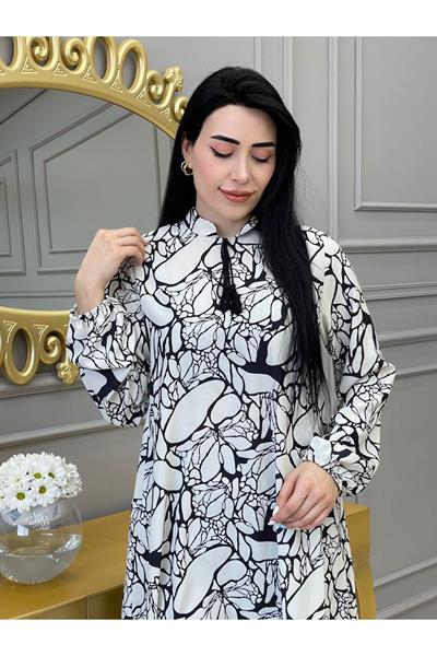 Etnik Desen Saten Tunik 9043 Beyaz