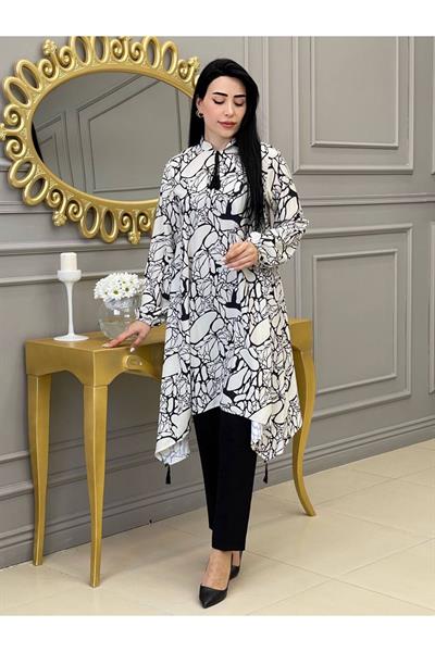 Etnik Desen Saten Tunik 9043 Beyaz