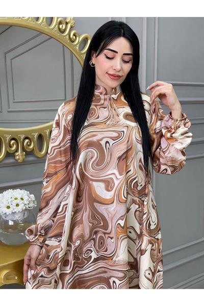 Etnik Desen Saten Tunik 9043 Kahverengi