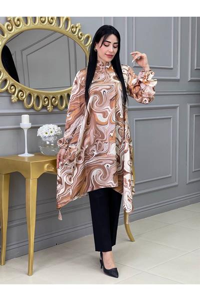 Etnik Desen Saten Tunik 9043 Kahverengi