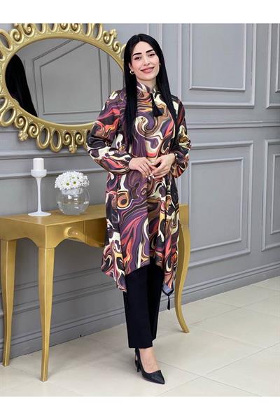 Etnik Desen Saten Tunik 9043 Mor