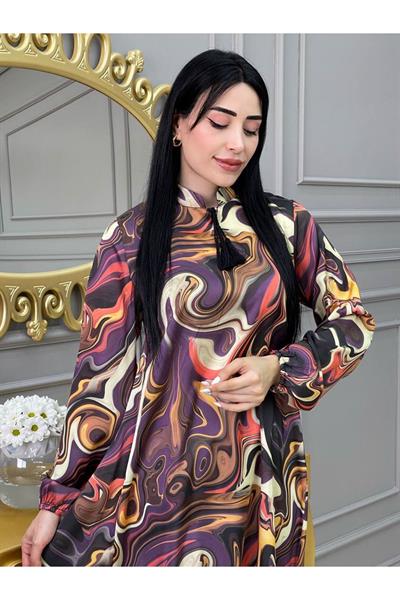 Etnik Desen Saten Tunik 9043 Mor