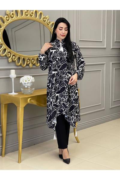 Etnik Desen Saten Tunik 9043 Siyah