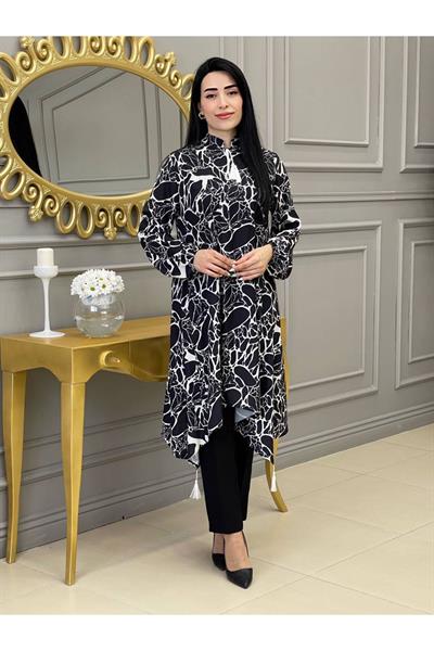 Etnik Desen Saten Tunik 9043 Siyah