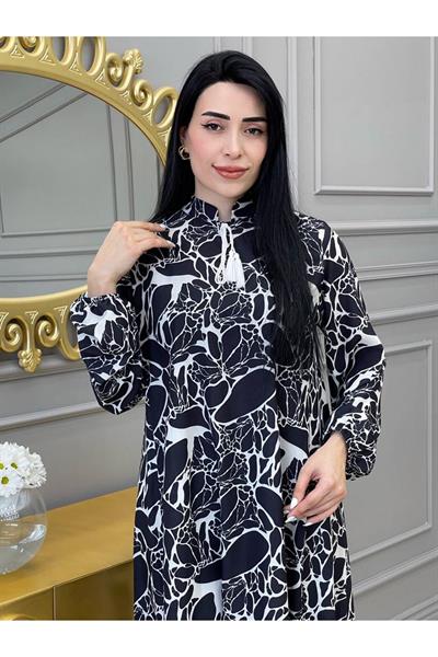 Etnik Desen Saten Tunik 9043 Siyah