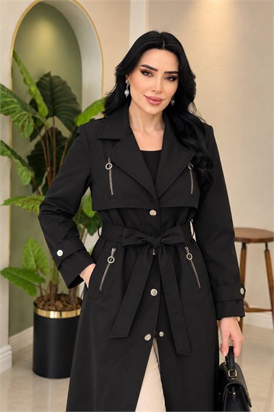 Fermuar Detay Çıtçıtlı Trenç 2673 T-26 Siyah