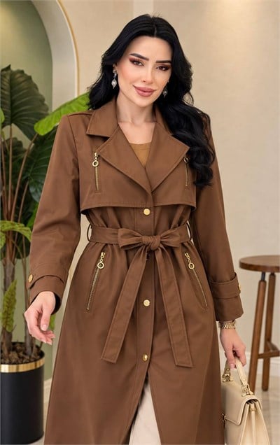 Fermuar Detay Çıtçıtlı Trenç 2673 T-26 Kahverengi