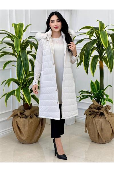 Fermuar Detay Şişme Yelek 7315 Beyaz