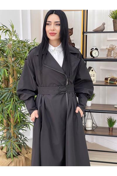 Fermuar Detay Trenchcoat Kap 15111 Siyah