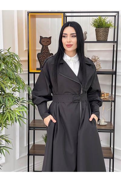 Fermuar Detay Trenchcoat Kap 15111 Siyah