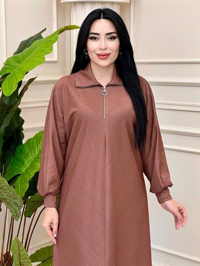 Fermuar Yakalı Simli Elbise 1479 t-24 Taba