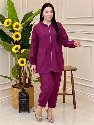 Fermuarlı Bomber Takım 34485 T025 Mürdüm