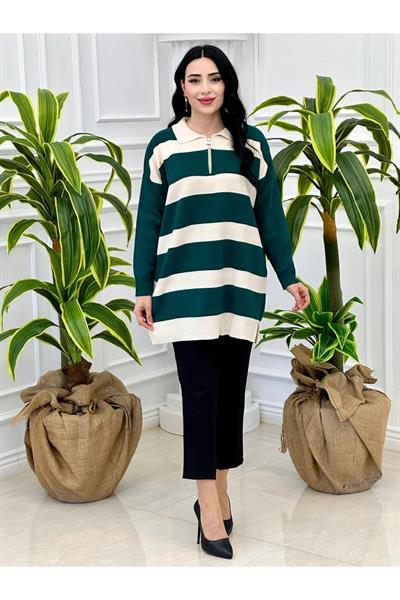 Fermuarlı Pola Yaka Çizğilii Tunik 14784 Yeşil