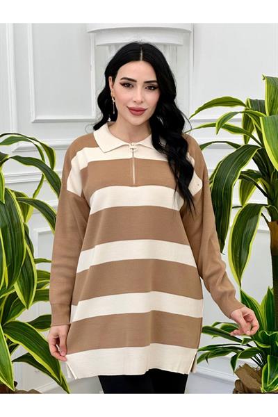 Fermuarlı Pola Yaka Çizğilii Tunik 14784 Vizon