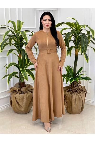 Fermuarlı Süet Elbise 3684 Camel