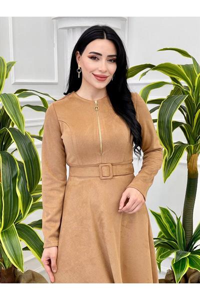 Fermuarlı Süet Elbise 3684 Camel