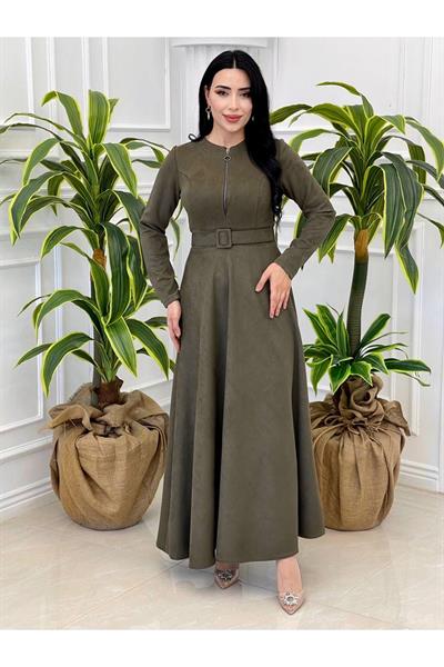 Fermuarlı Süet Elbise 3684 Haki