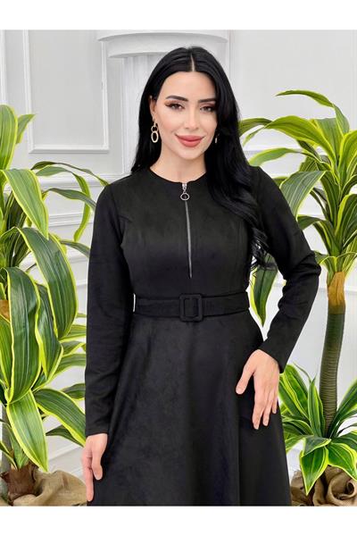 Fermuarlı Süet Elbise 3684 Siyah