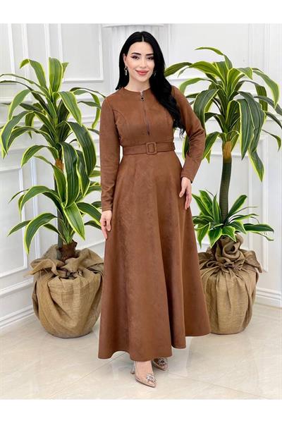 Fermuarlı Süet Elbise 3684 Taba