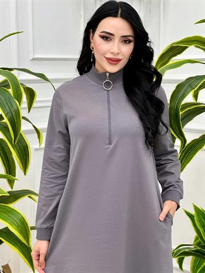 Fermuarlı Sweat Elbise 7639 Gri