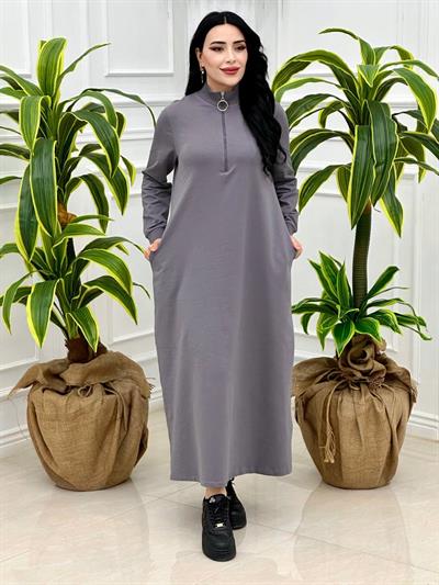 Fermuarlı Sweat Elbise 7639 Gri