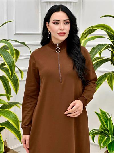 Fermuarlı Sweat Elbise 7639 Kahverengi