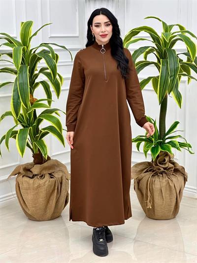 Fermuarlı Sweat Elbise 7639 Kahverengi
