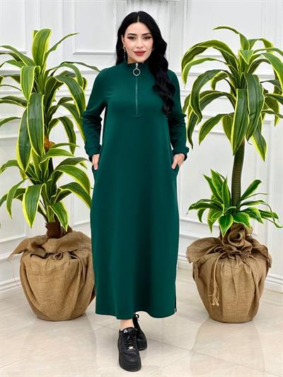 Fermuarlı Sweat Elbise 7639 Yeşil