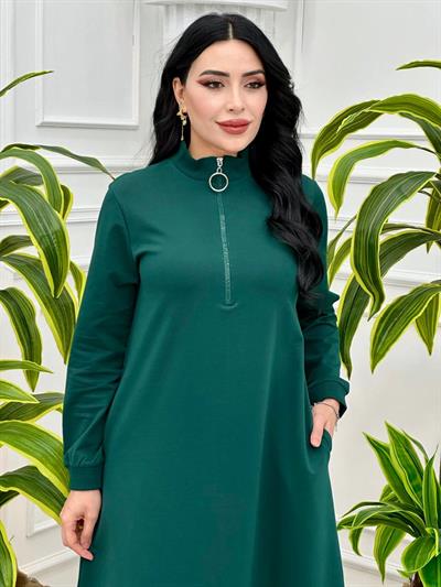 Fermuarlı Sweat Elbise 7639 Yeşil