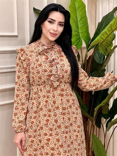 Fır Fır Detay Fularlı Şifon Elbise 9971 t-24 Bej
