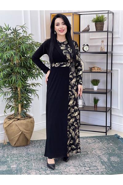 Fırça Payet Elbise 3067 Siyah-Gold