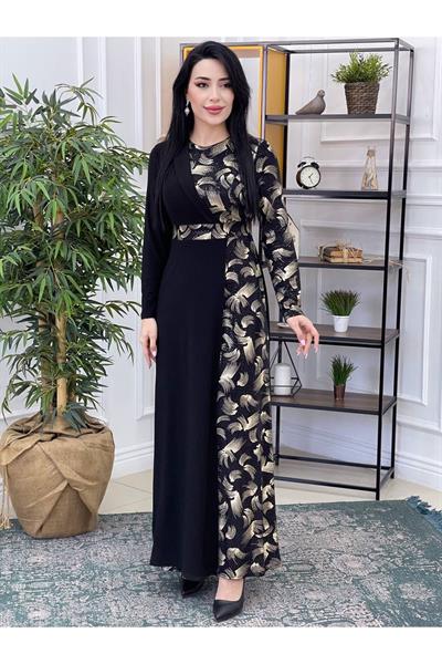 Fırça Payet Elbise 3067 Siyah-Gold