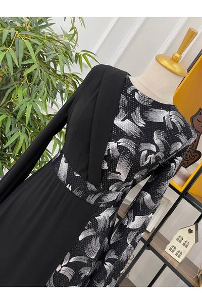 Fırça Payet Elbise 3067 Siyah-gümüş