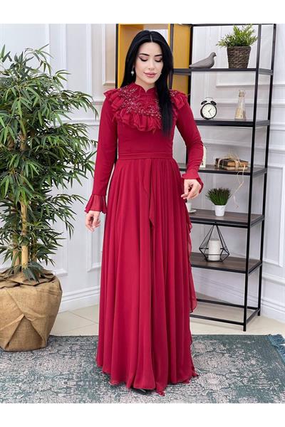 Fırfırlı Abiye 16815 Kırmızı