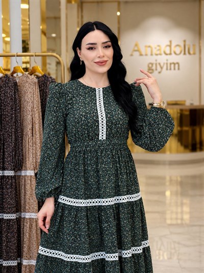 Fisto Şerit Cim Cim Çiçek Şifon Elbise 5329 T-26 Yeşil