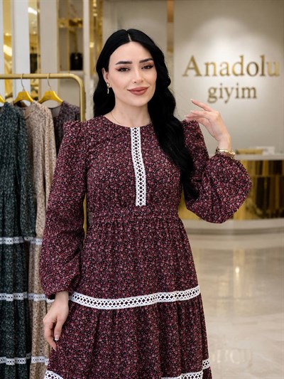 Fisto Şerit Cim Cim Çiçek Şifon Elbise 5329 T-26 Bordo