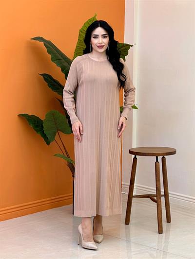 Fitilli Bisiklet Yaka Elbise 140309 T-25 Bej