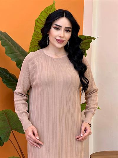 Fitilli Bisiklet Yaka Elbise 140309 T-25 Bej