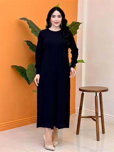 Fitilli Bisiklet Yaka Elbise 140309 T-25 Siyah