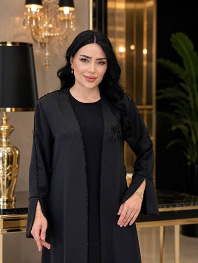 Fiyonk İşleme İkili Abaya Elbise 6299 T-26 Siyah