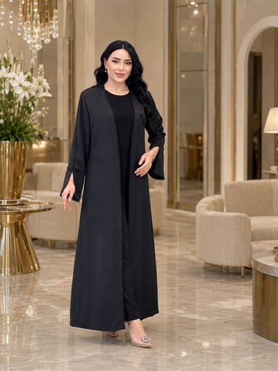 Fiyonk İşleme İkili Abaya Elbise 6299 T-26 Siyah