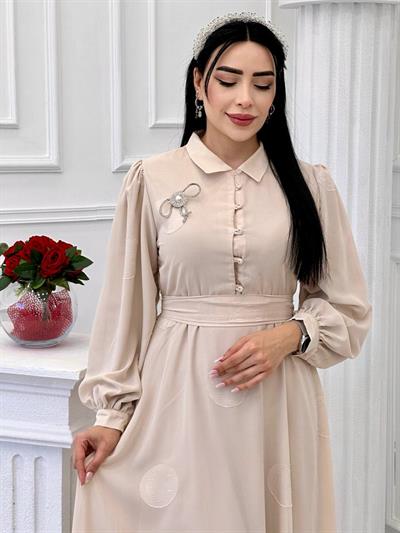 Fiyonk Taş Kemer Elbise 1655 t-24 Bej