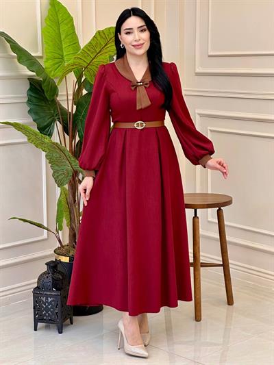Fiyonklu Bebe Yaka Elbise 7057 e025 Bordo