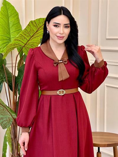 Fiyonklu Bebe Yaka Elbise 7057 e025 Bordo