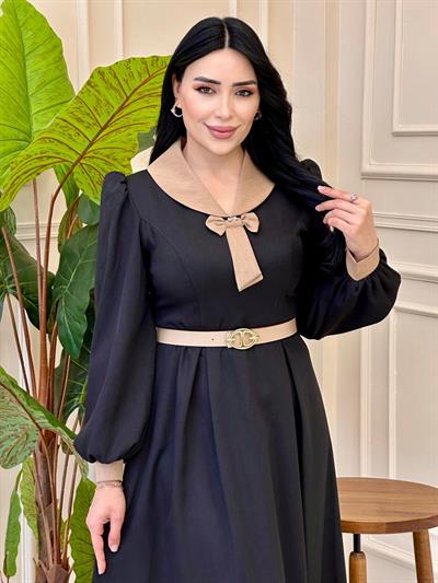 Fiyonklu Bebe Yaka Elbise 7057 e025 Siyah