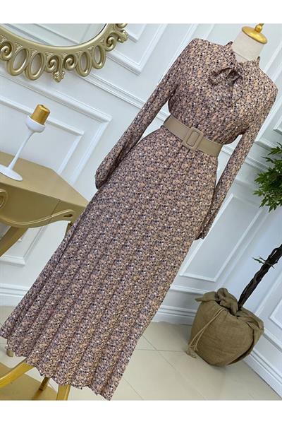 Florlı Kemerli Elbise 1154 Bej