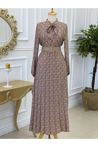 Florlı Kemerli Elbise 1154 Bej
